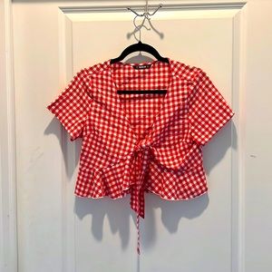 Cropped tie in front plaid top